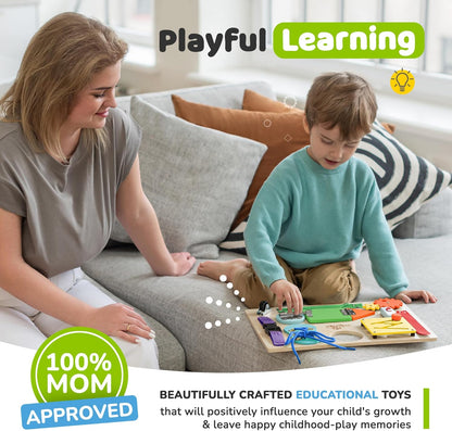 Montessori Busy Board for Toddlers, Kids Sensory Toy Wooden Activity Board with 10 Preschool Educational Activities to Develop Fine Motor Skills, Travel Toy, Boys & Girls Gift